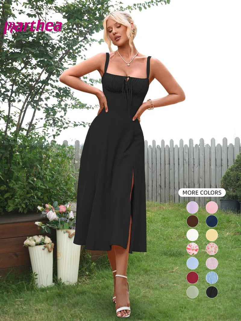 Parthea Women'S Plain Ruched Boning Corset Milkmaid Dress, Lace up Dress, Party Dress, Split Thigh Dress, Tie Front Dress, Elegant Square Neck Midi Dress, Dresses for Women, Frenchy Style Non Bodycon Dress Christmas, Formal Dresses